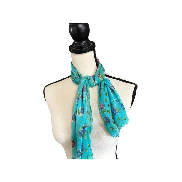 Vintage turquoise floral scarf with scalloped edges - Picture 1 of 9